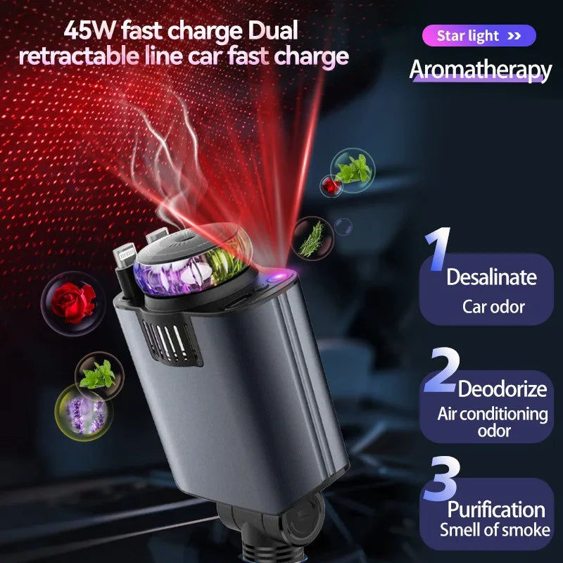 5-in-1 Aromatherapy Car Charger for iOS and Android with Starry Roof Light and Odor Eliminator